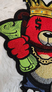 New, Chenille, "RED Money Bear King," w/Dollar Sign Eyes, Large Patch for Jackets or Hoodies, Size 12", Patches for Men, Fuzzy Bear Patch