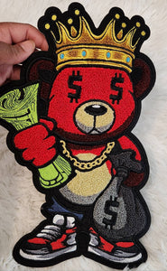 New, Chenille, "RED Money Bear King," w/Dollar Sign Eyes, Large Patch for Jackets or Hoodies, Size 12", Patches for Men, Fuzzy Bear Patch