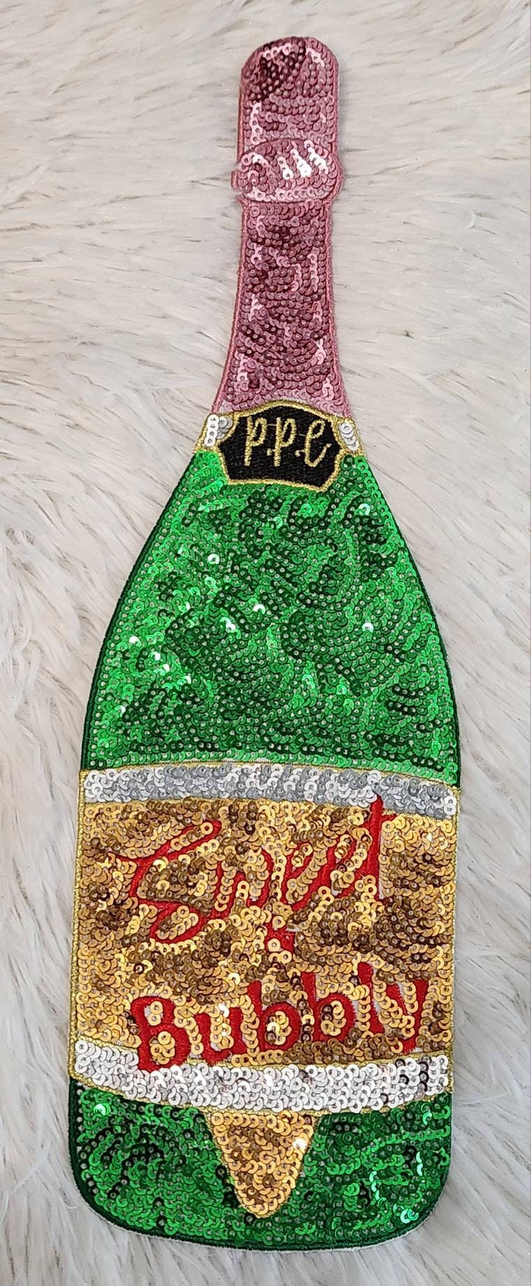 NEW, Sparkling Bubbly - 12" Iron-on, Sequins and Embroidered Wine Bottle LARGE Patch Perfect for Denim Jacket, Shirts, Hoodies, and More