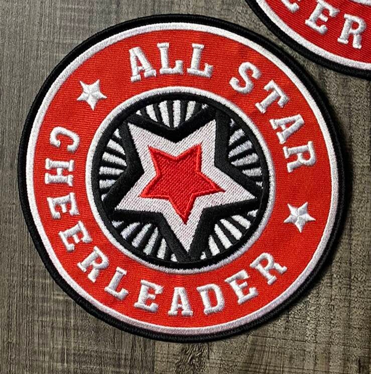 Embroidered "All-Star Cheerleader" Red/White, Cheerleading Patch, Iron-on Applique for Jackets, Camo, & Bags, Size 6", Cheerleader Patch