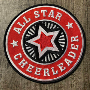 Embroidered "All-Star Cheerleader" Red/White, Cheerleading Patch, Iron-on Applique for Jackets, Camo, & Bags, Size 6", Cheerleader Patch