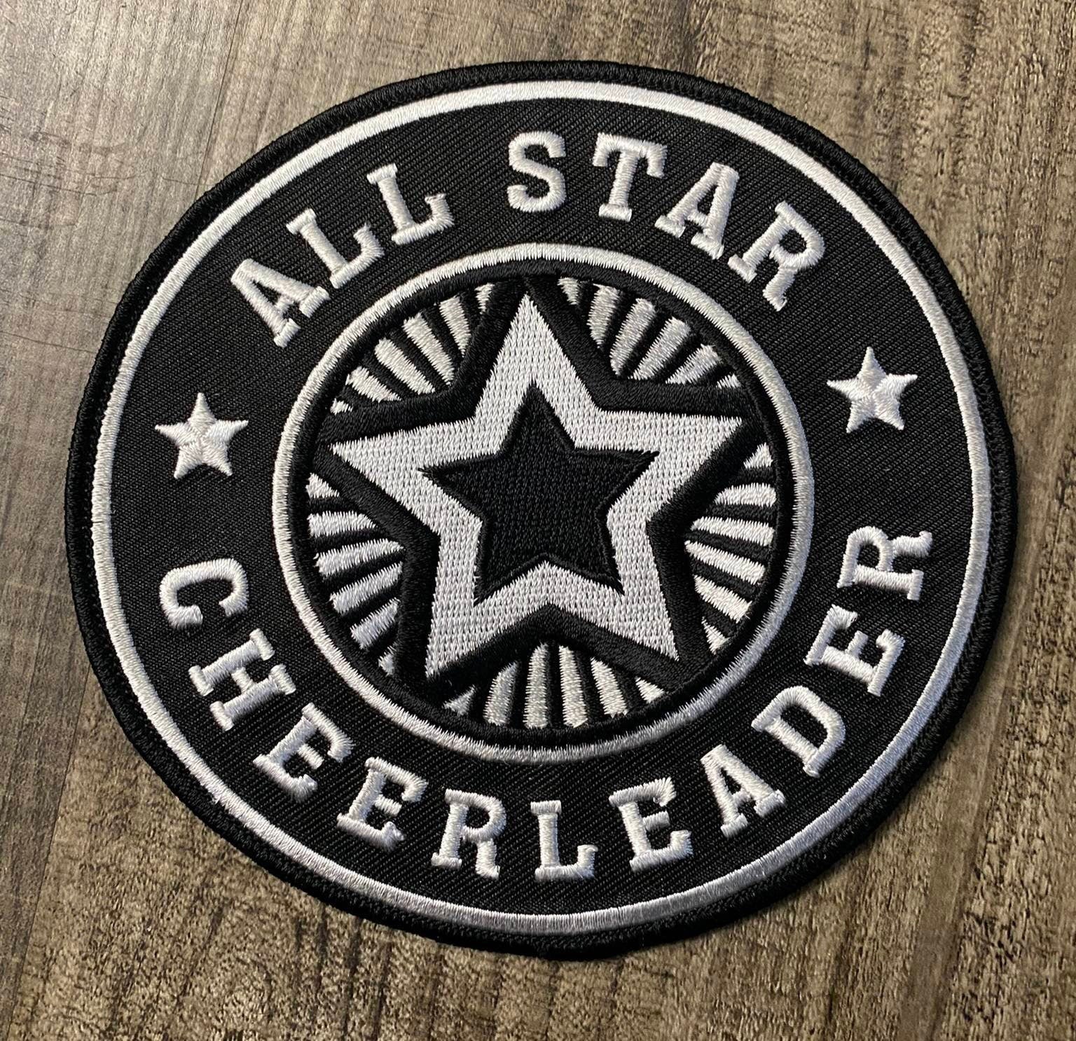 Embroidered "All-Star Cheerleader" Black/White, Cheerleading Patch, Iron-on Applique for Jackets, Camo, & Bags, Size 6", Cheerleader Patch