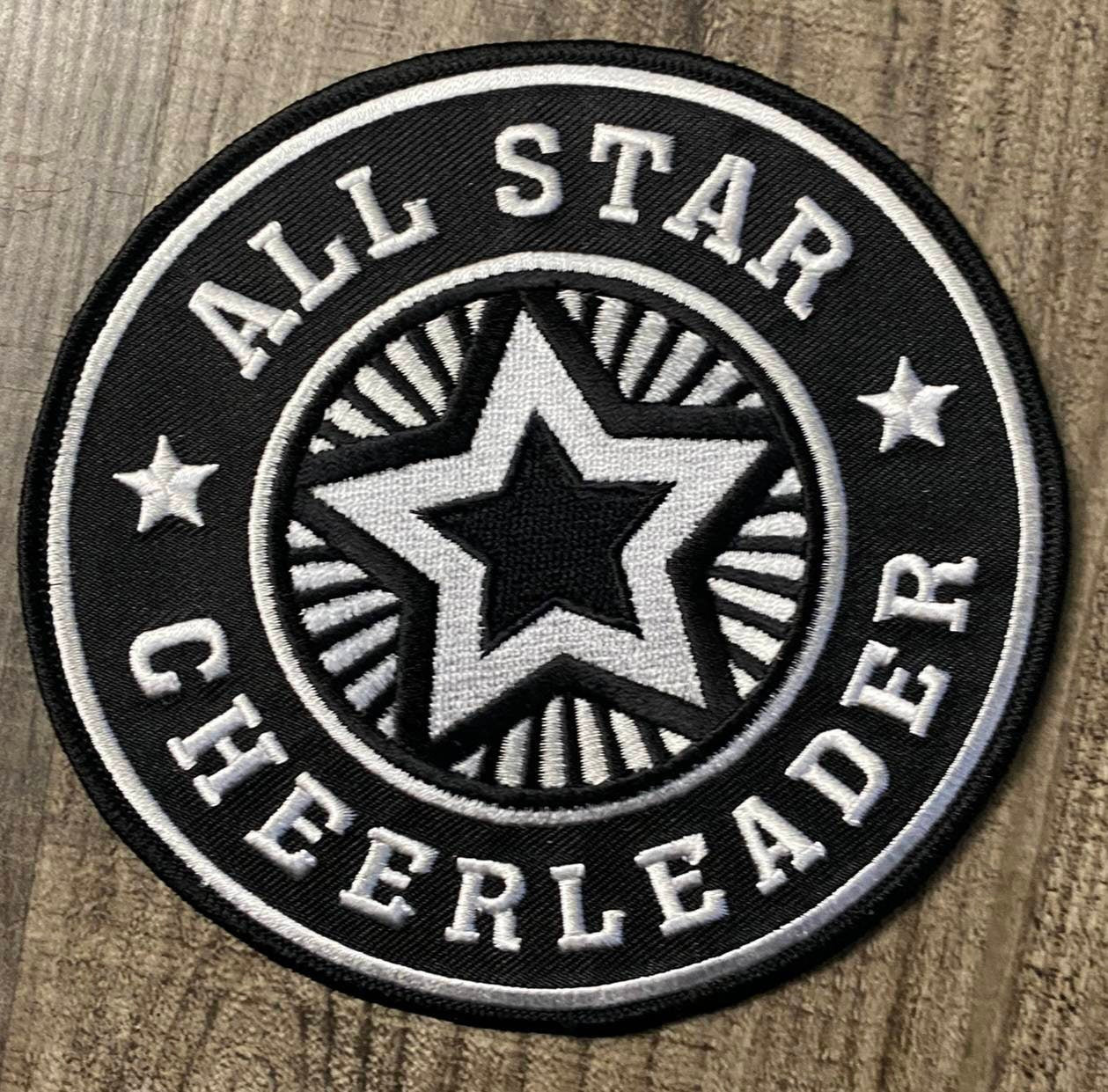 Embroidered "All-Star Cheerleader" Black/White, Cheerleading Patch, Iron-on Applique for Jackets, Camo, & Bags, Size 6", Cheerleader Patch