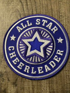 Embroidered "All-Star Cheerleader" Blue/White, Cheerleading Patch, Iron-on Applique for Jackets, Camo, & Bags, Size 6", Cheerleader Patch