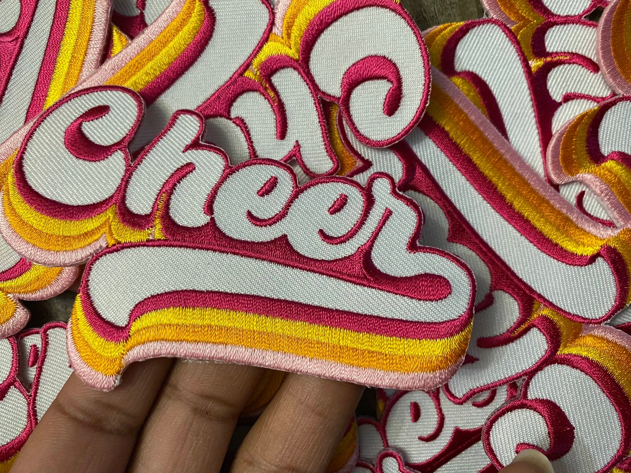 Embroidery, "Colorful Cheer" Pink/Gold/Orange/White, Varsity Patch, Iron-on Applique for Jackets, Camo, & Bags, Size 5.5", Cheerleader Patch