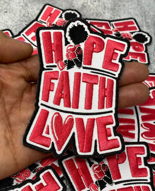Breast Cancer "Boxing Lady" Ribbon Patch 3" Embroidered "Hope, Faith,  Love" (1 pc)  Iron or Sew-on, Cancer  Patch/Applique, Pink and White