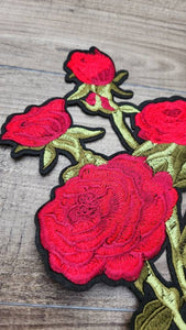 NEW 2-pc set, 10" Red Flowers w/Stem, Adorable 4 Red Flowers, Vibrant Embroidered Iron-on Floral Patches, Large Patches for Clothing