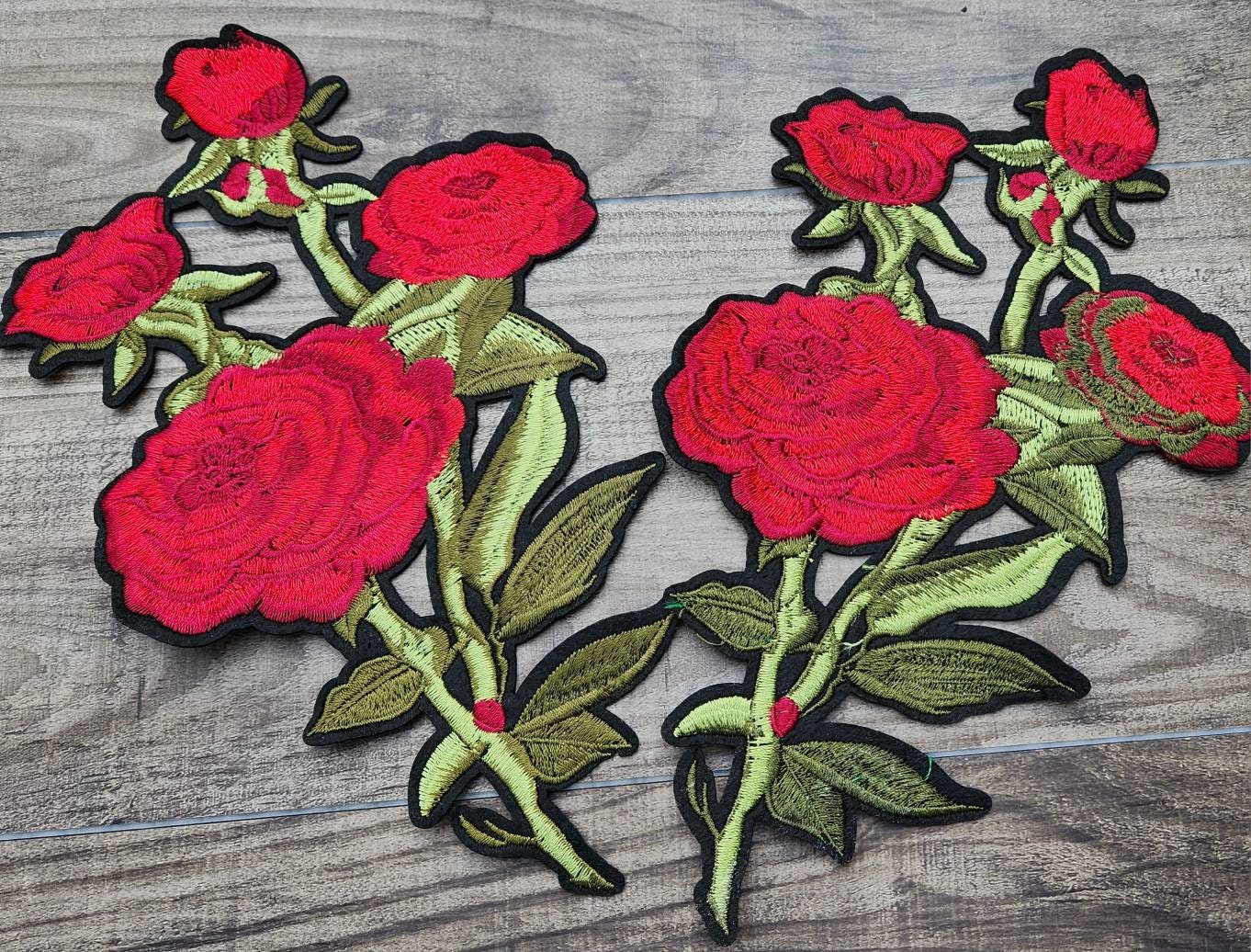 NEW 2-pc set, 10" Red Flowers w/Stem, Adorable 4 Red Flowers, Vibrant Embroidered Iron-on Floral Patches, Large Patches for Clothing