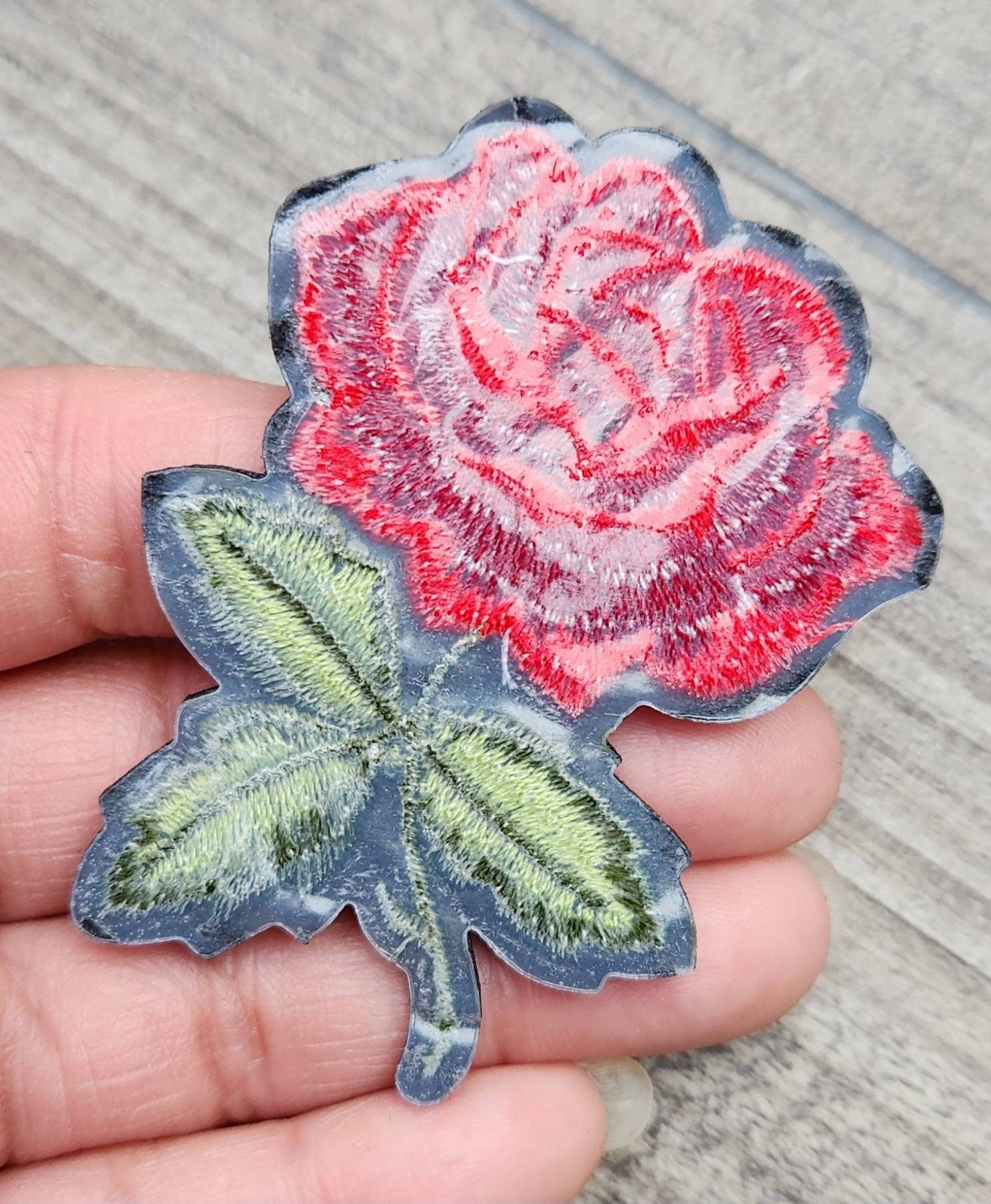 Rosettes, 2 pc Rosebud Set, w/Green Stem (size 3-inches), Matching Embroidered Iron-on Floral Patches, Flower Patches for Clothing