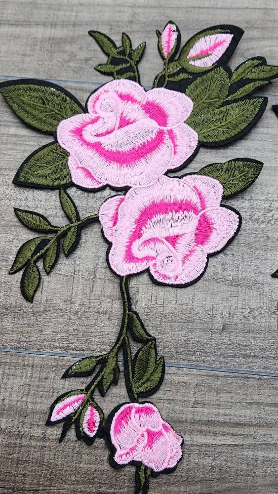 NEW 2-pc set, 10" Light PINK w/ Hot Pink Flowers w/Green Stem, Adorable Flowers, Vibrant Embroidered Iron-on Floral Patches, Large Patch