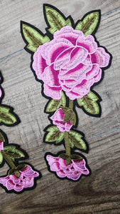 NEW 2-pc set, 10" PURPLE w/ Hot Pink Flowers w/Green Stem, Adorable Flowers, Vibrant Embroidered Iron-on Floral Patches, Large Patch