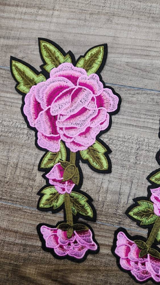 NEW 2-pc set, 10" PURPLE w/ Hot Pink Flowers w/Green Stem, Adorable Flowers, Vibrant Embroidered Iron-on Floral Patches, Large Patch
