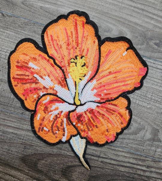 NEW 1-pc, 10" ORANGE Sequins and Embroidered Flower, Vibrant Embroidered Sew-on Floral Patches, Large Patches for Clothing