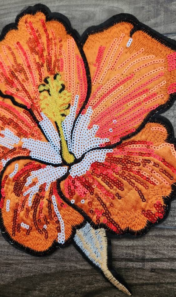 NEW 1-pc, 10" ORANGE Sequins and Embroidered Flower, Vibrant Embroidered Sew-on Floral Patches, Large Patches for Clothing