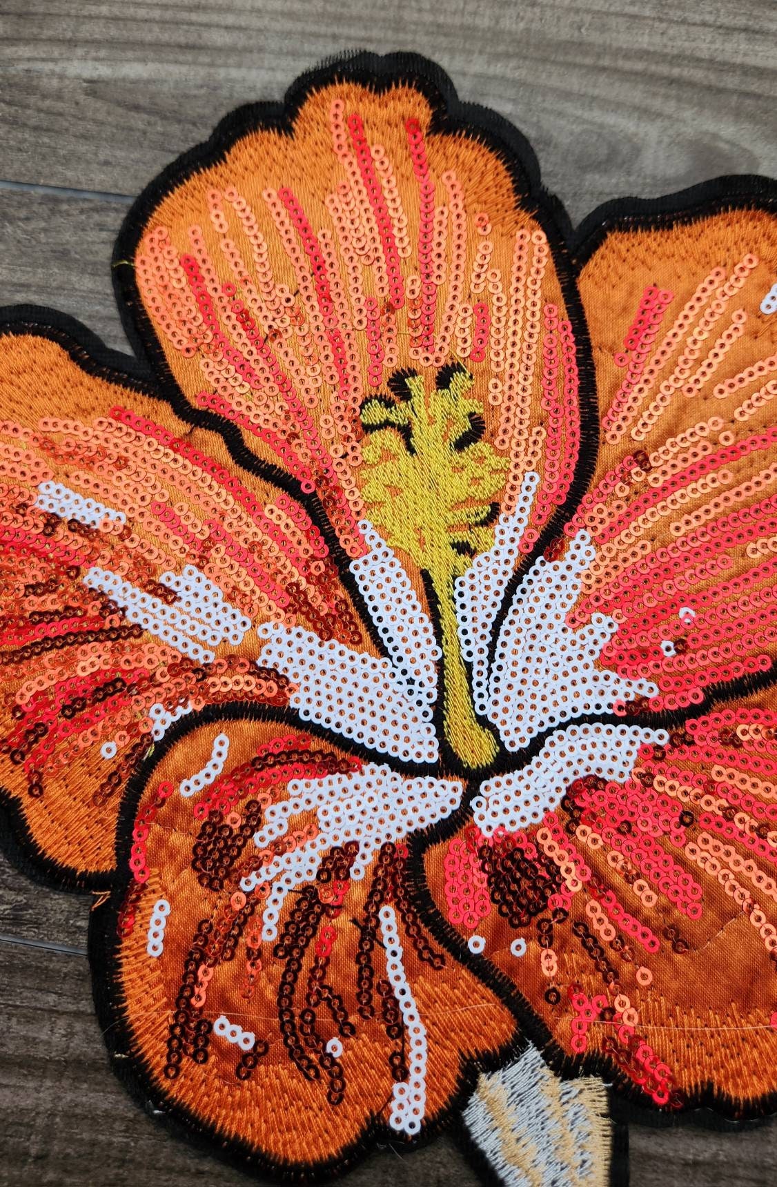 NEW 1-pc, 10" ORANGE Sequins and Embroidered Flower, Vibrant Embroidered Sew-on Floral Patches, Large Patches for Clothing