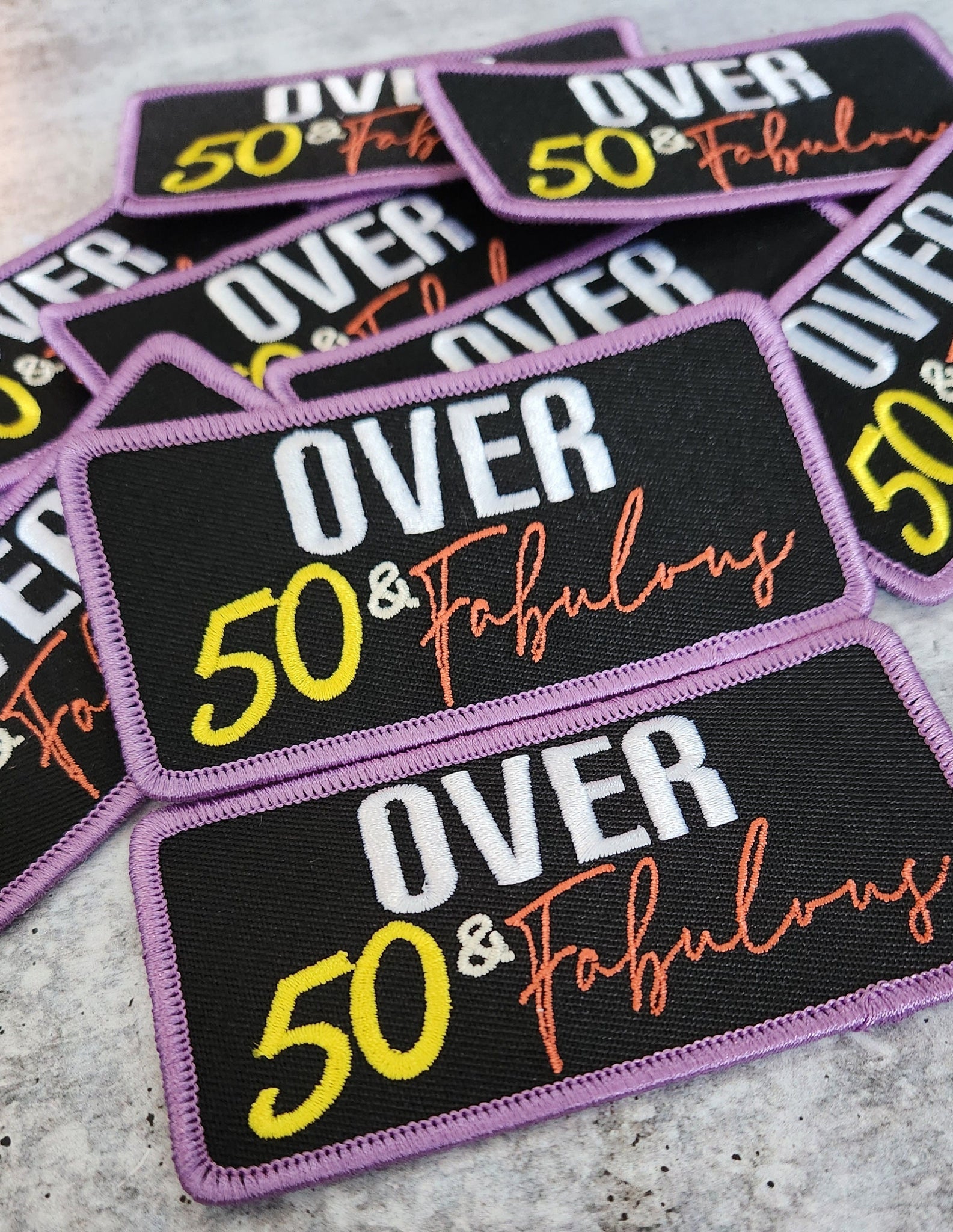 Statement Patch 1-pc, "Over 50 & Fabulous" Cute Iron-on Embroidered Patch, Size 4"x2", Patch for Jackets, Hats, Crocs, Bags, Birthday Gift