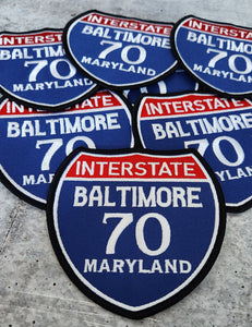 Collectable 1-pc, "BALTIMORE, 4" Interstate 70" Iron-On Embroidered Patch; Popular Maryland Emblem, Red/White/Blue Badge,Patch for Jac