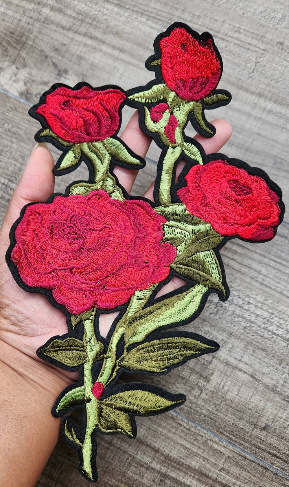 NEW 2-pc set, 10" Red Flowers w/Stem, Adorable 4 Red Flowers, Vibrant Embroidered Iron-on Floral Patches, Large Patches for Clothing