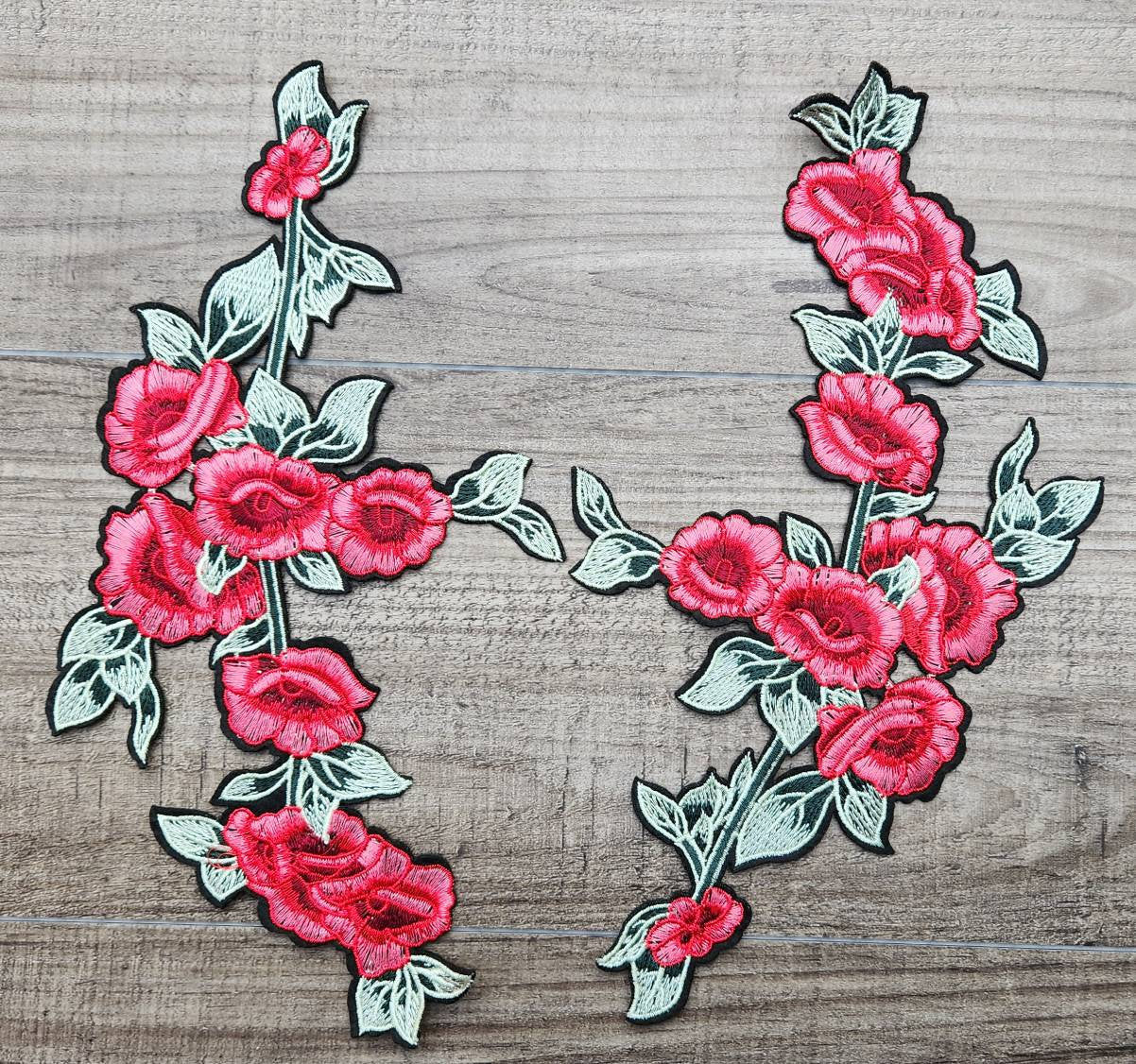 Beautiful 2-pc set, 11" Red Flowers w/Light Green Stem, Matching Floral Embroidered Patches Flower Patches for Clothing and Accessories