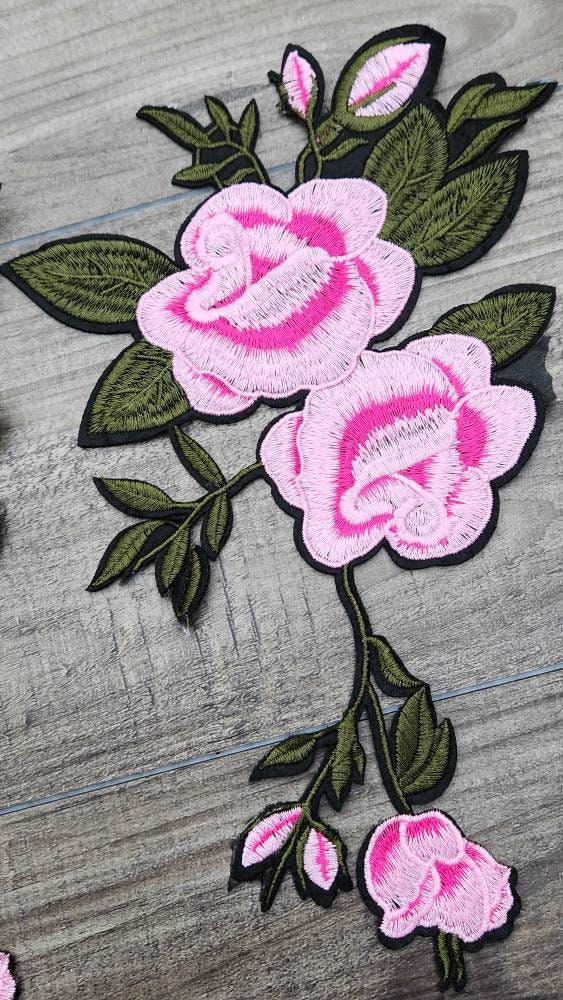 NEW 2-pc set, 10" Light PINK w/ Hot Pink Flowers w/Green Stem, Adorable Flowers, Vibrant Embroidered Iron-on Floral Patches, Large Patch