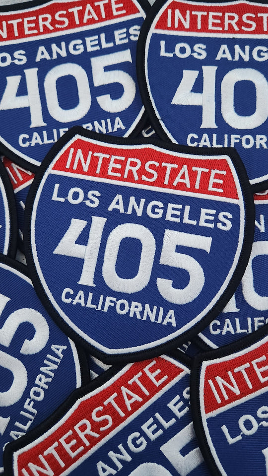 Collectable 1-pc, "LOS ANGELES, 4" Interstate 405" Iron-On Embroidered Patch; Popular California Emblem, Red/White/Blue Badge, Patch for Jac