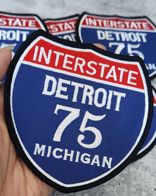 Collectable 1-pc, "DETROIT 4" Interstate 75"  Iron-On Embroidered Patch; Popular Michigan Emblem, Red/White/Blue Badge, Patch for Jackets