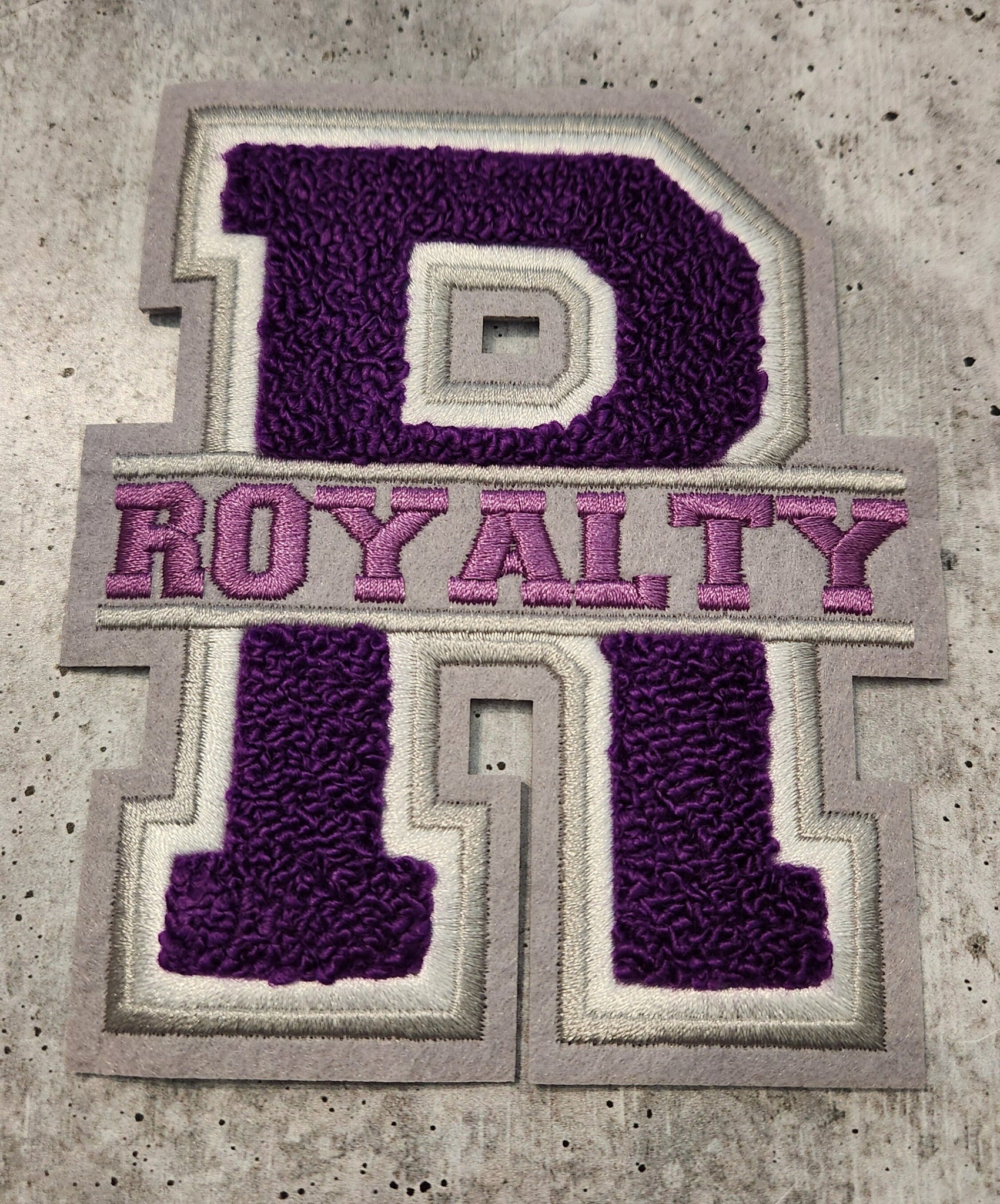 New, Monogram Letter, "R" Royalty, Chenille Iron-on Patch, Size 6",Purple|Silver|White, Patch for Jackets and More